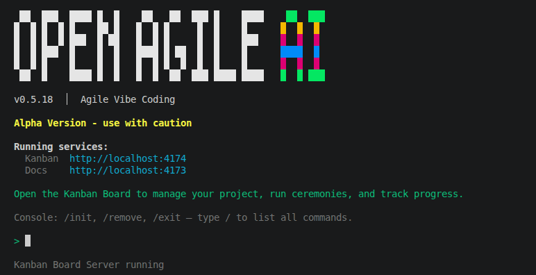 OpenAgile.AI CLI running with Kanban board