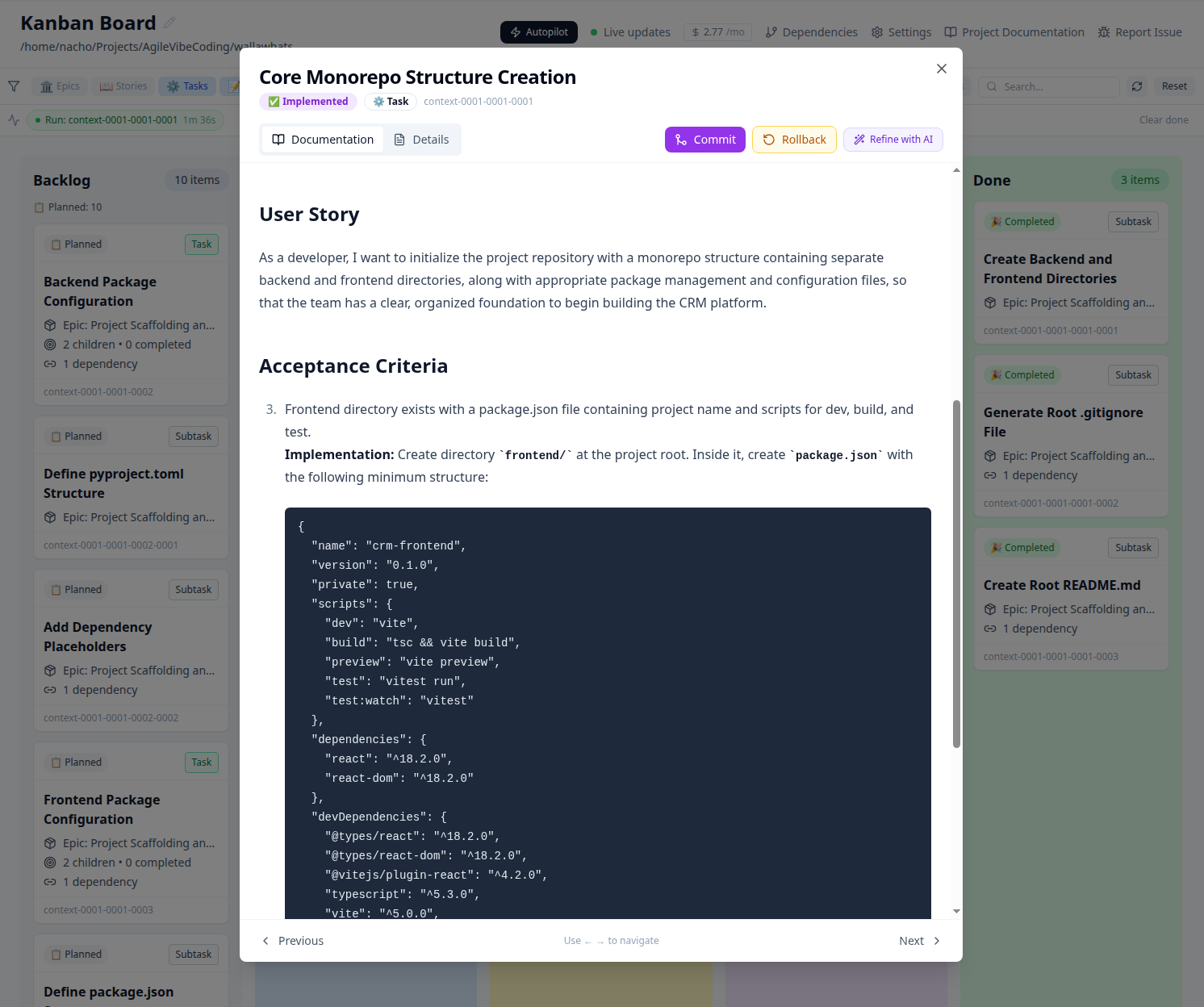 Kanban board showing task card with acceptance criteria